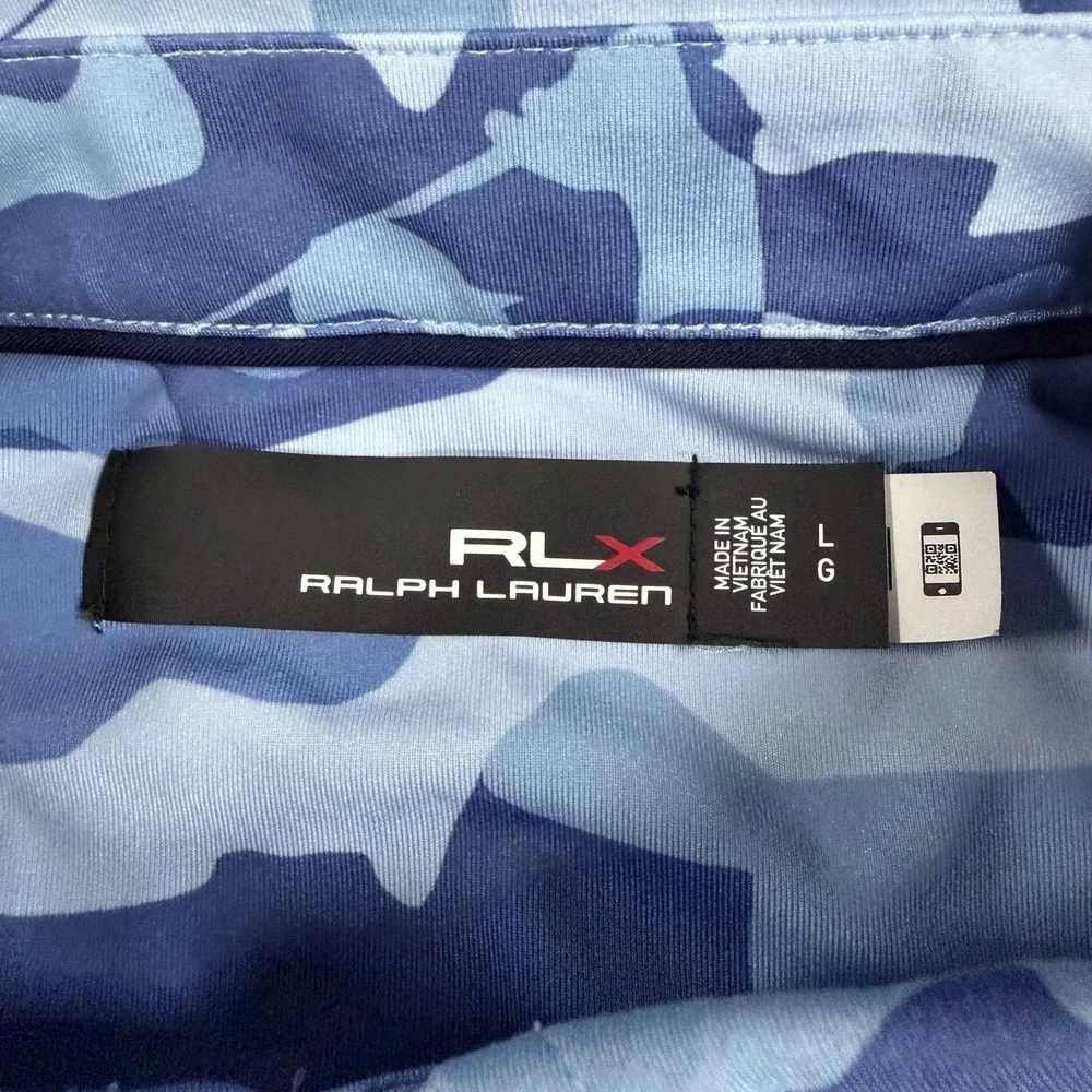 RLX Ralph Lauren Golf Polo Mens Large Blue Camo All Over Print Performance